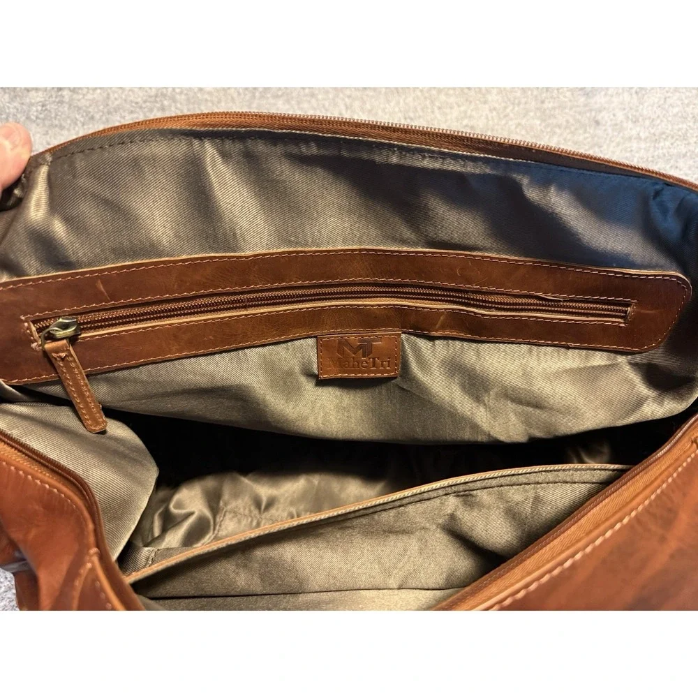MaheTri Brown Leather Duffle Trolley Travel Bag